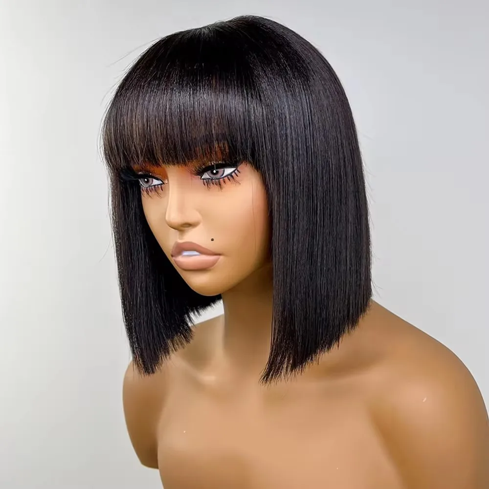 Nature Black Straight Bob Wigs With Bang Sleek Brazilian Short Hair Bob Wigs For Black WomenP1B/30 Glueless Machine Made Cheap