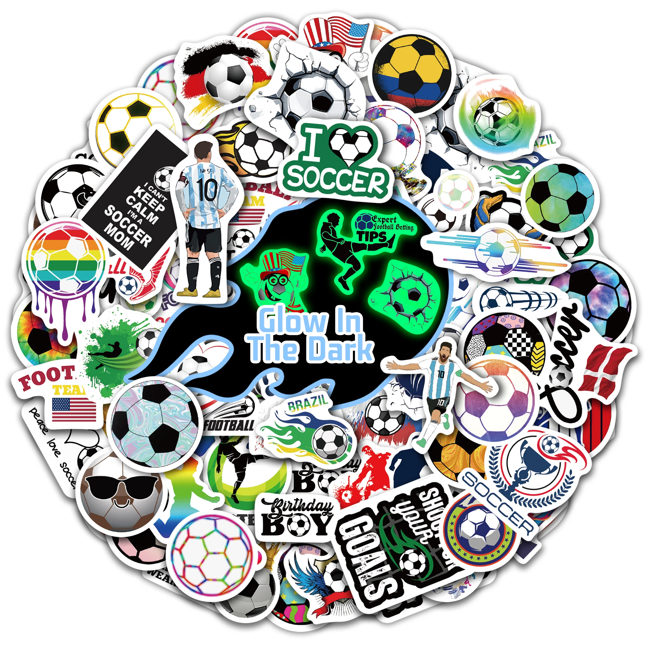 50pcs Glow In The Dark Football Stickers, Vinyl Water Bottles Luggage Waterproof StickersFootball Team Gifts for Kids Teens