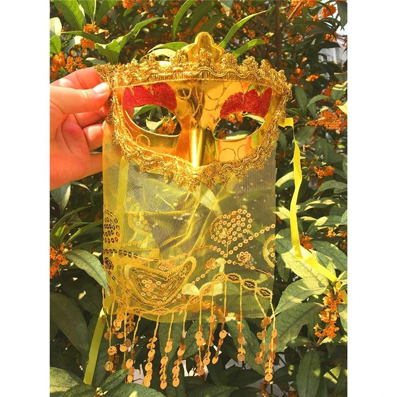 

Women Masquerade Mask Lace Tassel Sequins With Veil Venetian Vintage Mystery Accessories Halloween Costume Mardi Gras Party Ball