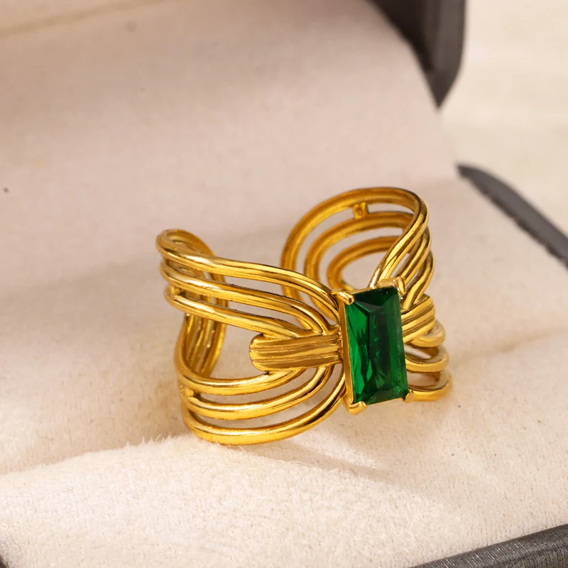 Green Heart Square Zircon Open Rings For Women 2024 Trend Gold Color Stainless Steel Ring Wedding Jewelry Christmas Gifts