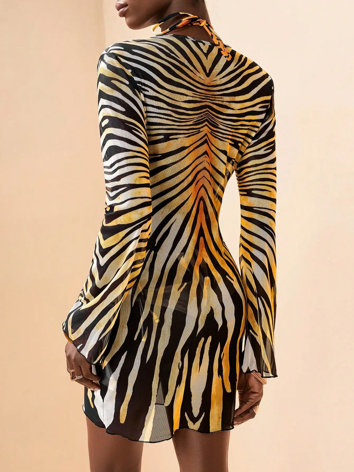 

Zebra Print Mesh Cover Up Dress With Metal Accent Front Knot Vacation Style
