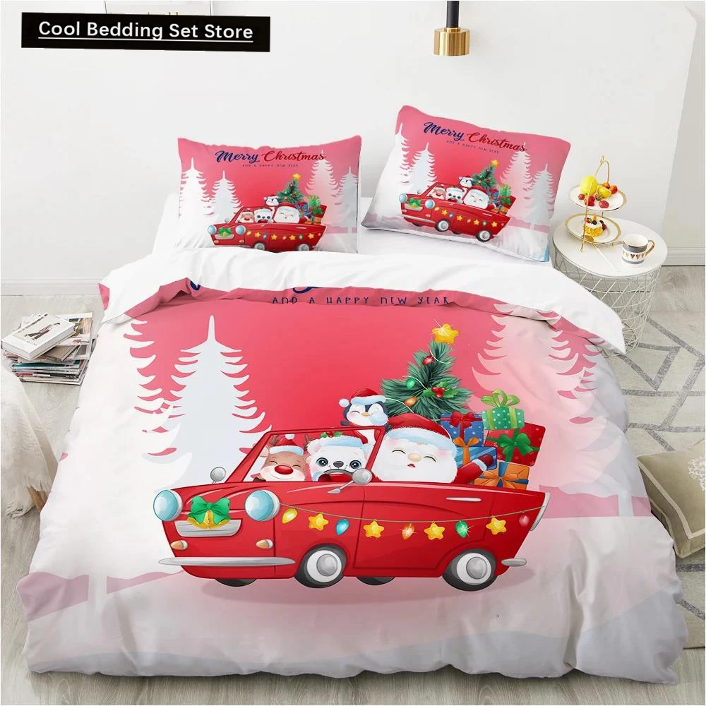 Merry Christmas King Queen Duvet Red Cartoon Santa Car Animals Bedding Set for Children Boy Girl Happy Holiday Theme Quilt Cover