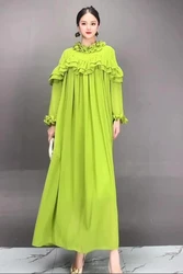 2024 Autumn New Elegant Folds Green Loose Long Dresses Women Trendy Fashion Long Sleeve Dress Wholesale J401