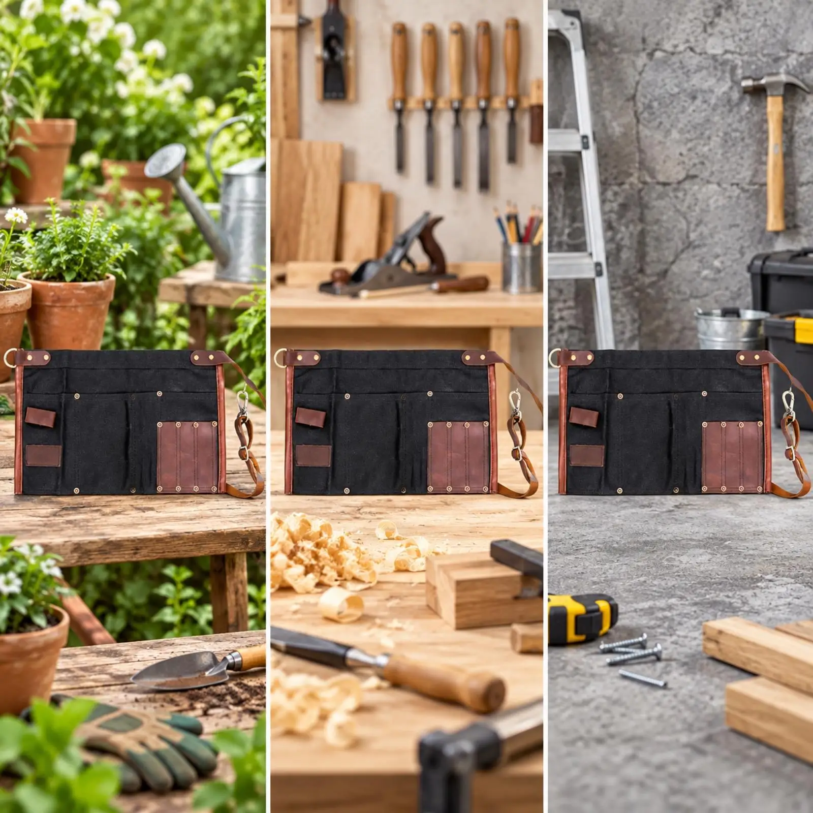Half-Length Tool Waist Apron Reinforced Waxed Canvas Waist Tool Apron Adjustable Multi-Pocket for Woodworking, Repairs