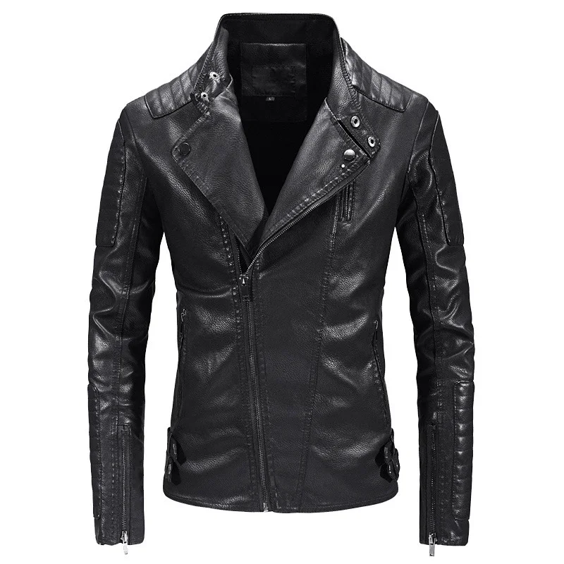 Men Zip Up Long Sleeve Outerwear Faux Leather Jacket Boys Motorcycle PU Leather Oversized Jacket Xxxl Brown Moto Biker Coat