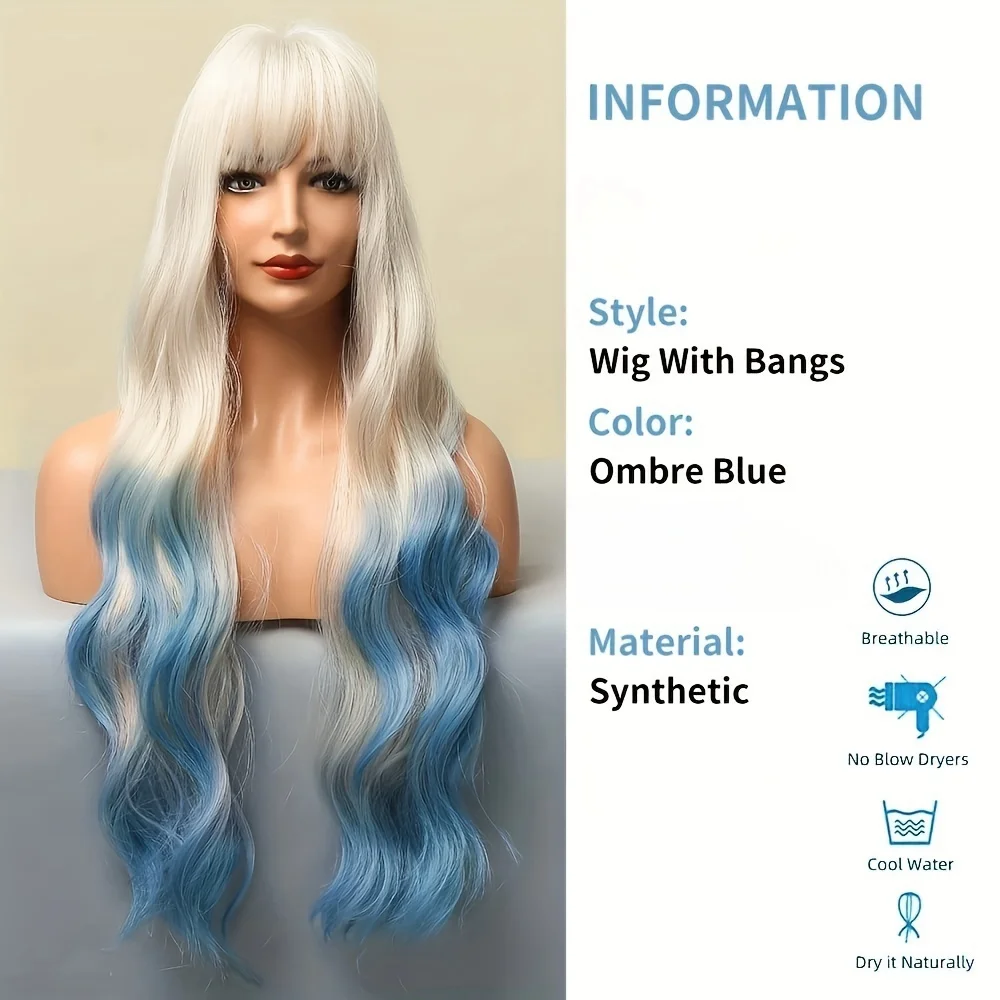 Synthetic Ombre Blue Wig with Bangs Long Ombre Blue Wigs for White Women Long Wavy Wig Heat Resistant Wigs