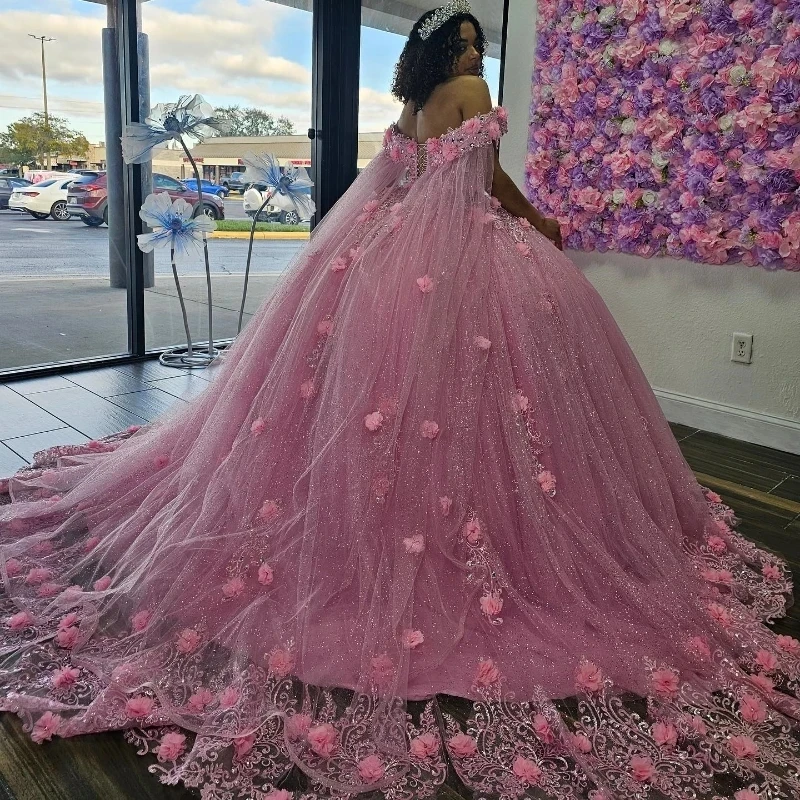 Pink Ball Gown Quinceanera Dress 3DFlower Applique Beading Sweetheart Tulle Princess With Cape Vestido De XV Años Brithday Party