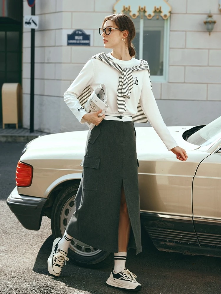 

OLrain простые футболки с длинными рукавами, женские осенние 2023, новые свободные топы с вышивкой, повседневные женские футболки с круглым вырезом для поездок на работу O57QT89395