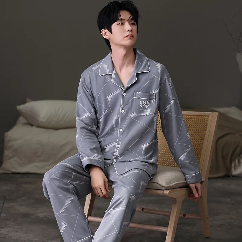 Men's Sleepwear Striped Printing Home Suit Full Cotton Pyjamas For Man Autumn Winter New Mens 2 Pcs Cardigan Pajamas Set L-3XL