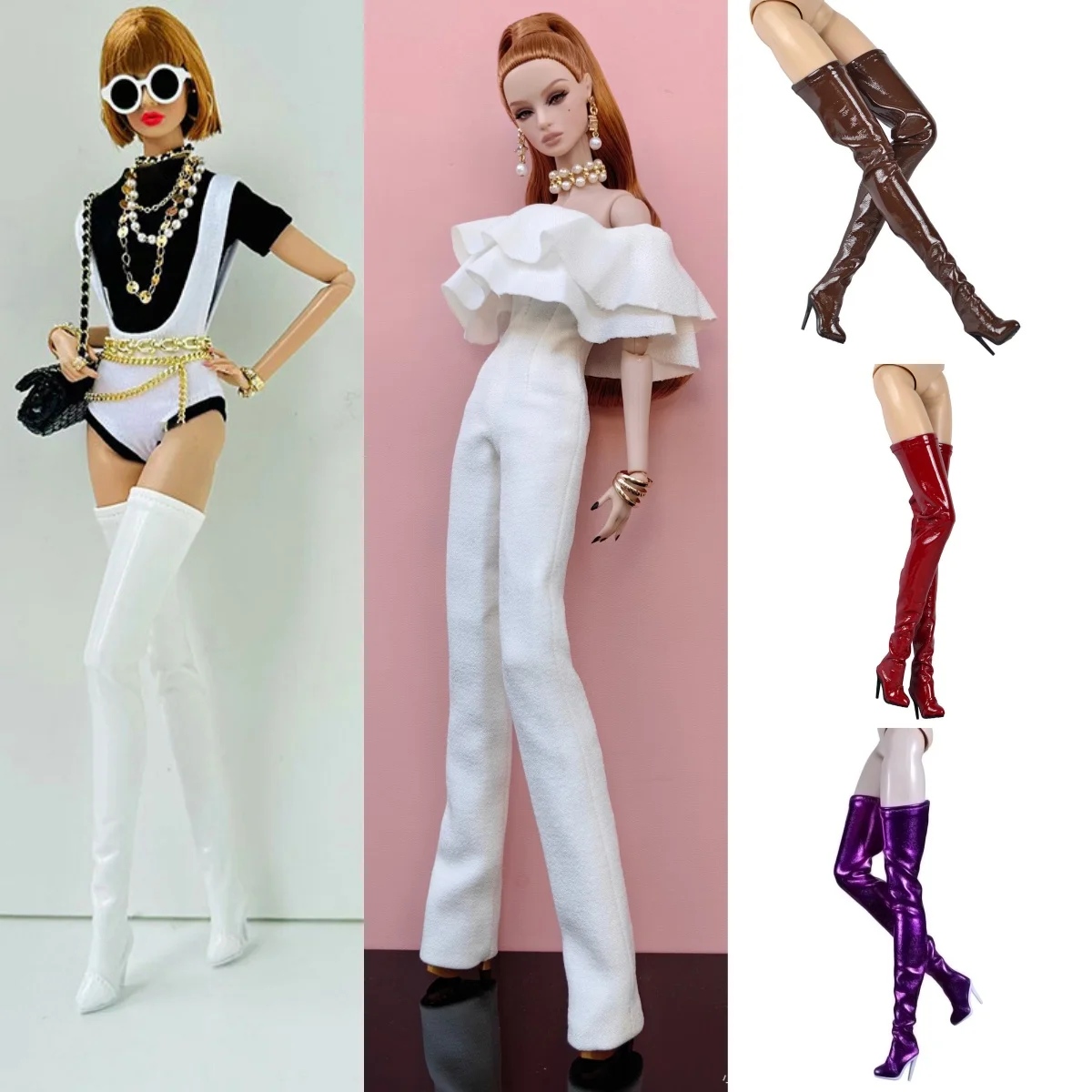 1/6 Doll Shoes Accessories Fashion Premium Pointed‑Toe Stiletto Heel Over‑the‑Knee Leather Boots For FR Babi Supermodel Doll