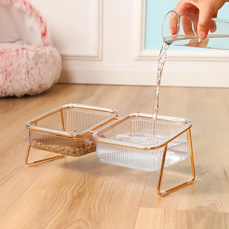Transparent Elevated Dual  Bowl, 2-in-1 Raised Feeder for Food & Water, Tilted Design for Easy Eating