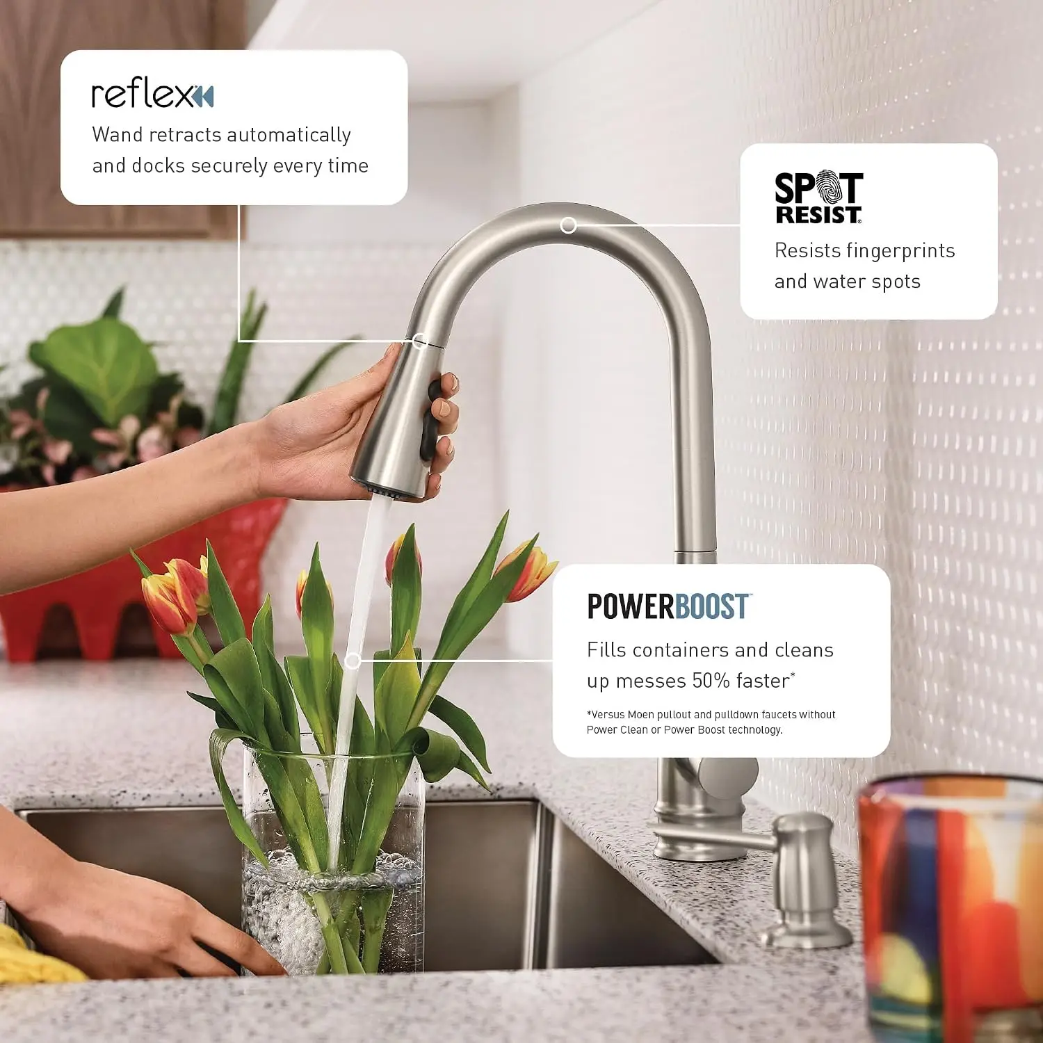 Stainless Steel Pull-Down Kitchen Sink Faucet with Enhanced Boost Spray, Transitional High-Arc One-Handle Single-Hole Design, Spot-Resistant Finish, Easy to Install