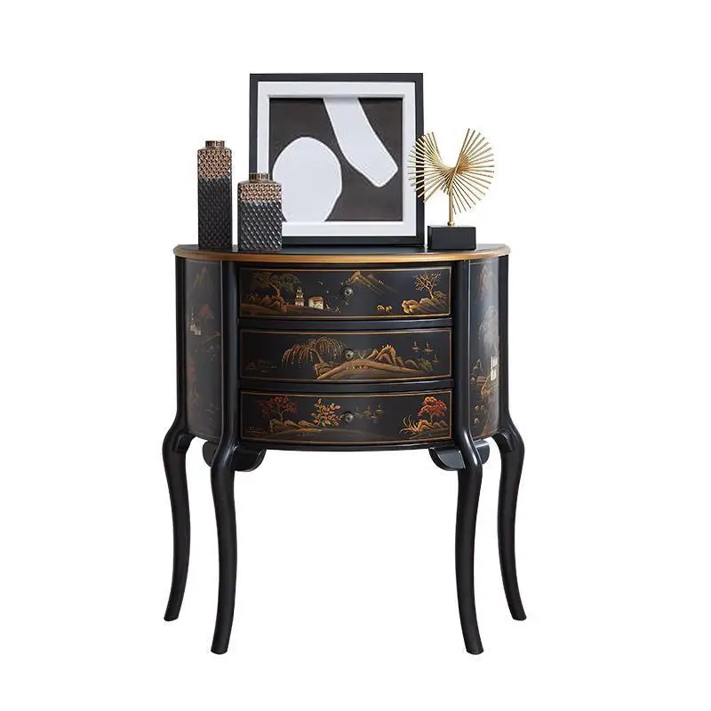 

The medieval style small entrance cabinet is painted, and the aisle side cabinet of the three-bucket door living room