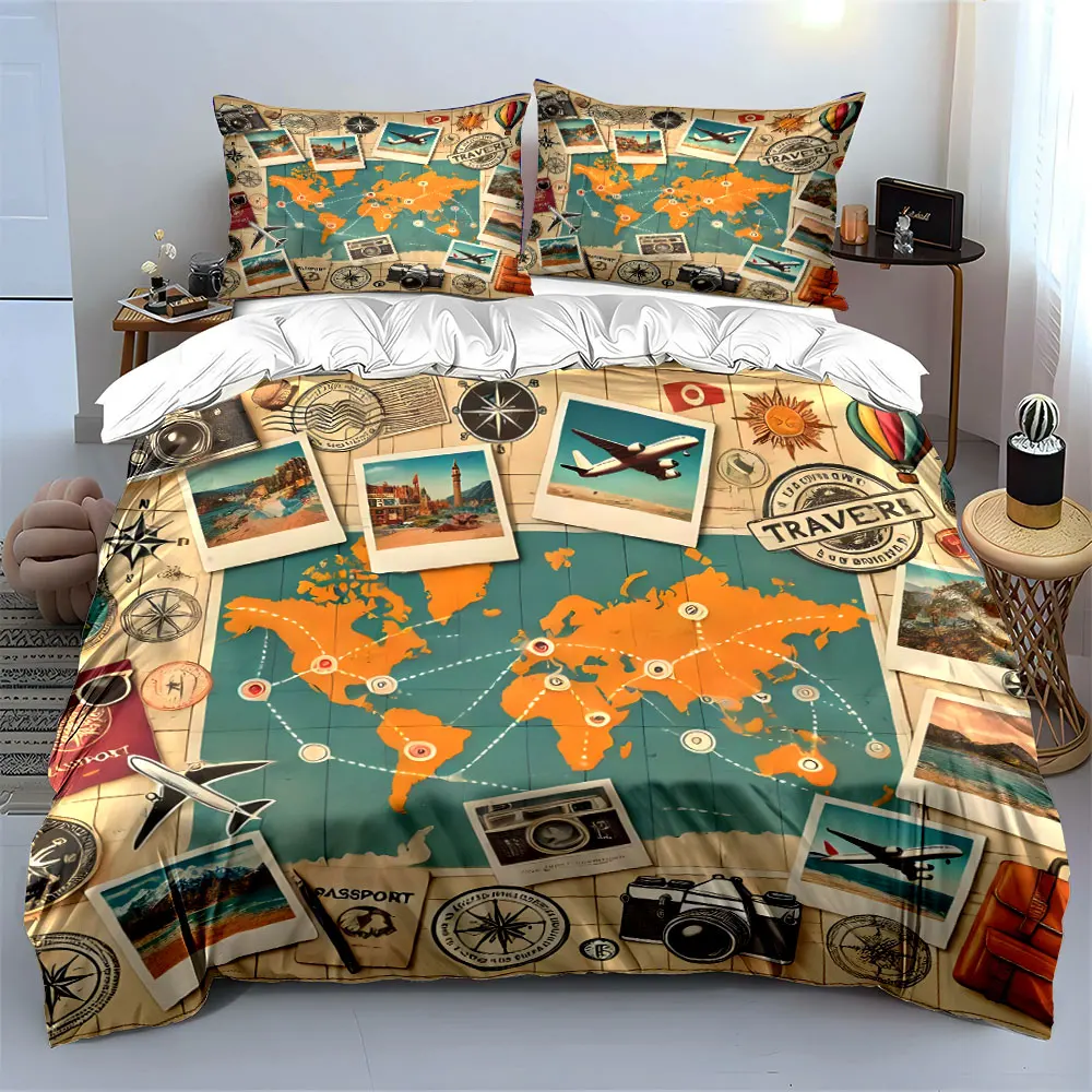 Travel-themed Collage Map Duvet Cover Set with 3D Printing Design Soft Polyester Bedding Set All-Season Comfort Machine Washable