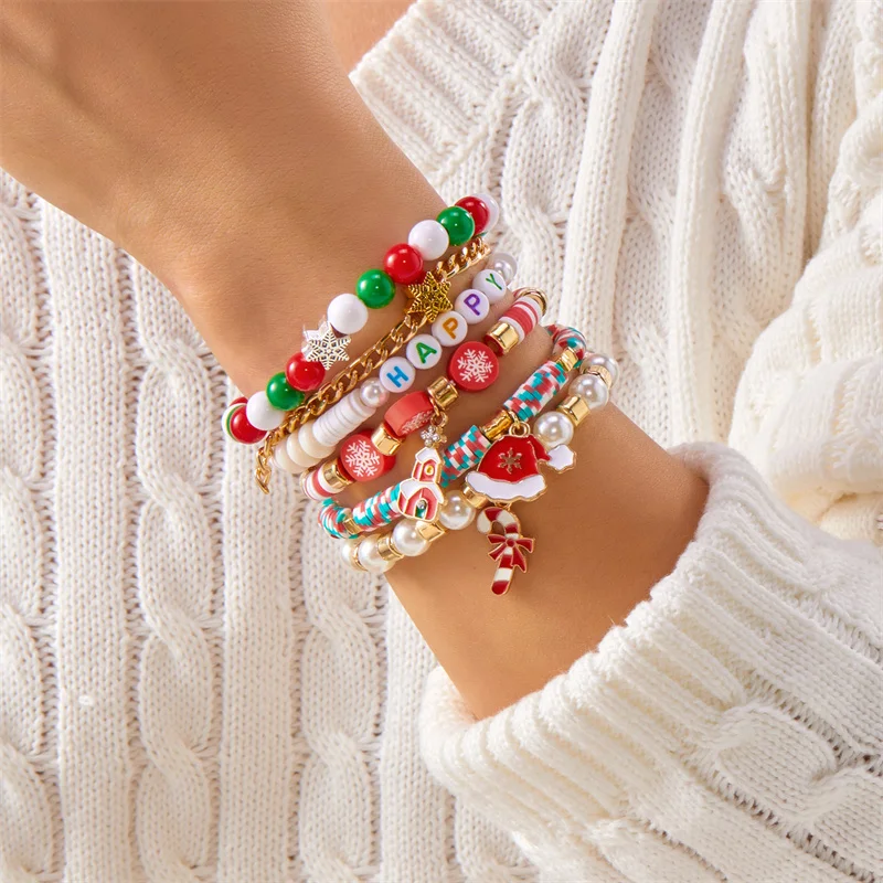 Merry Christmas Cartoon Santa Star Polymer Clay Bracelet Dainty Snowflake Hat Cane Imitation Pearl Chain Festival Party Jewelry