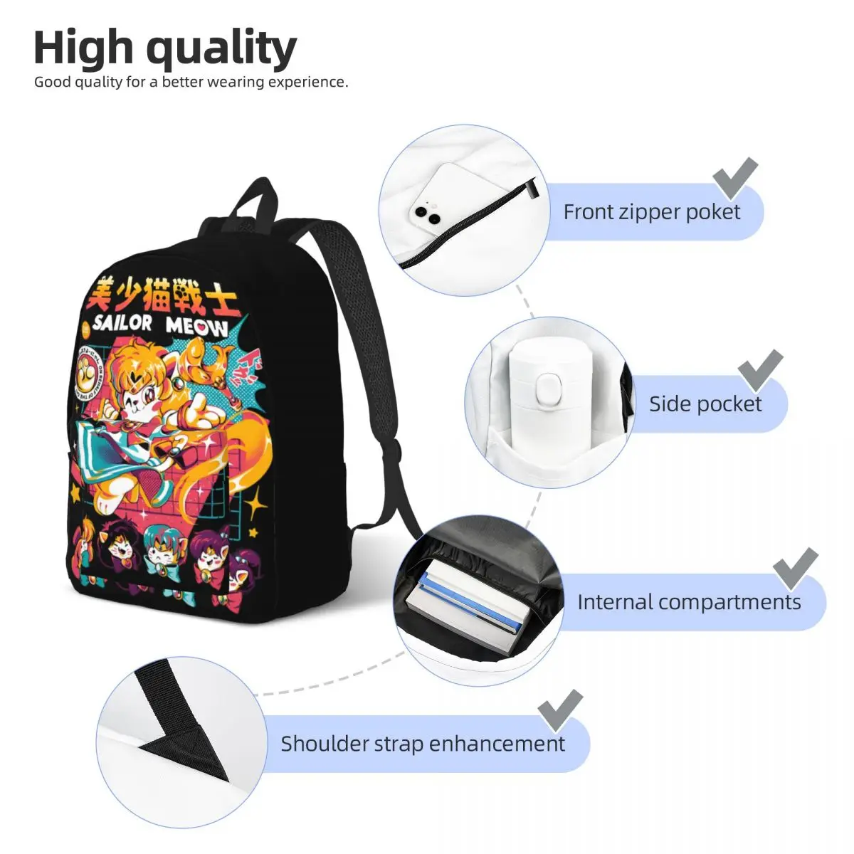 Sailor Meow-mochila de lona para niños y niñas, bolsa de libros de Anime divertido, para guardería, escuela primaria, estudiante, Kawaii, viaje