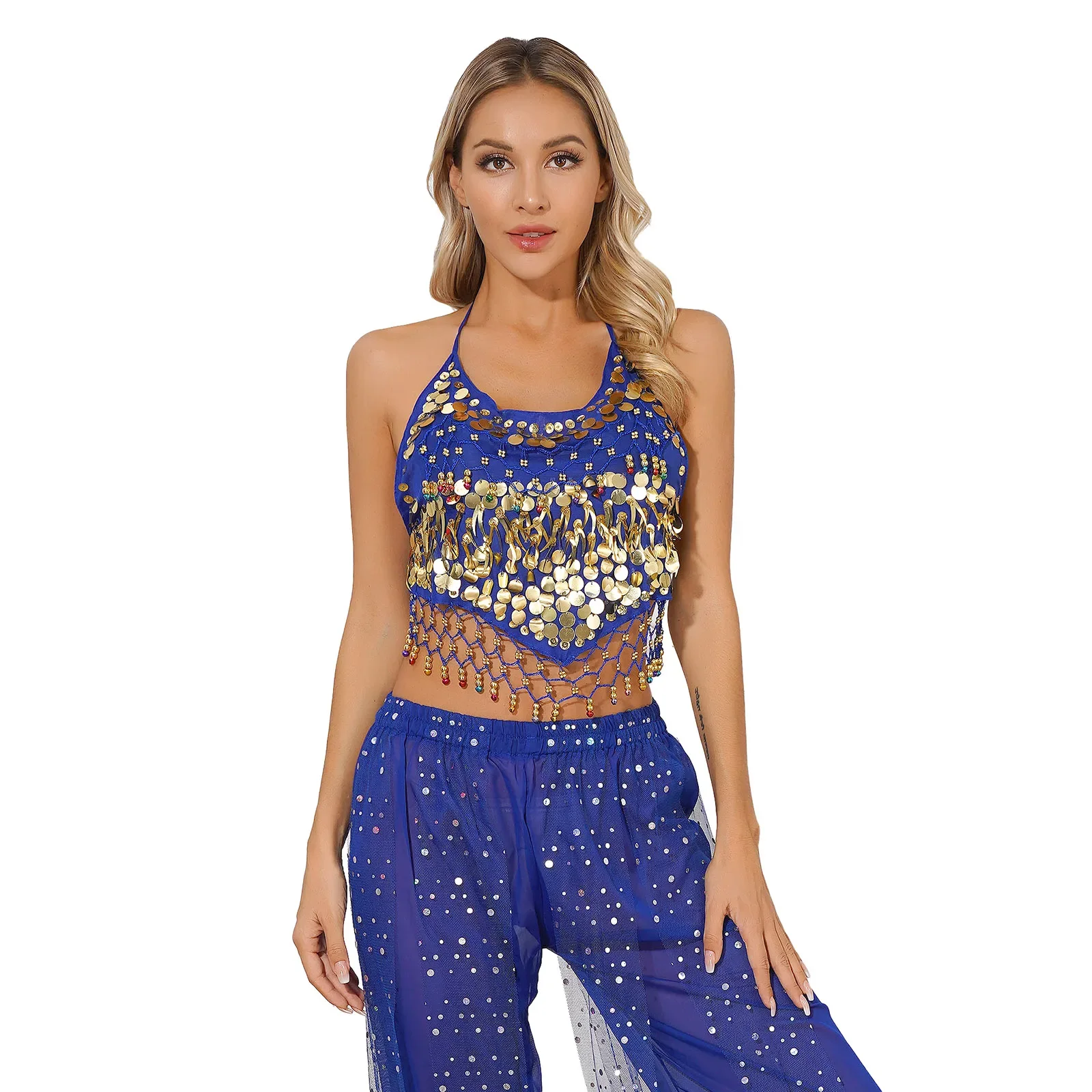 Women Sequin Bells Belly Dance Crop Top Party Bellydance Performance Costume Lace-up Back Sleeveless Irregular Hem Camisole Tops