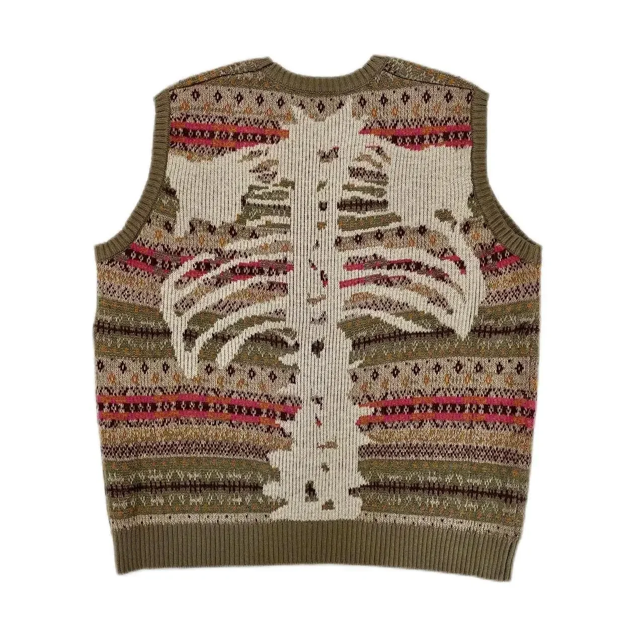 

Kapital Vintage Non Hirata Hiroshi Bone Skeleton Japan Flower Stripe Knit Round Neck Men's Pink Loose Print Sweater Vest