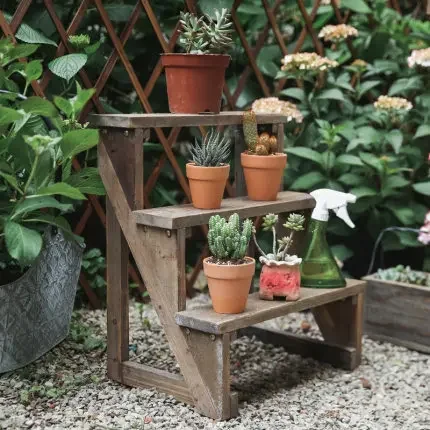 Three-layer stepped small flower stand Solid wood retro old balcony Garden potted plant rack against the wall