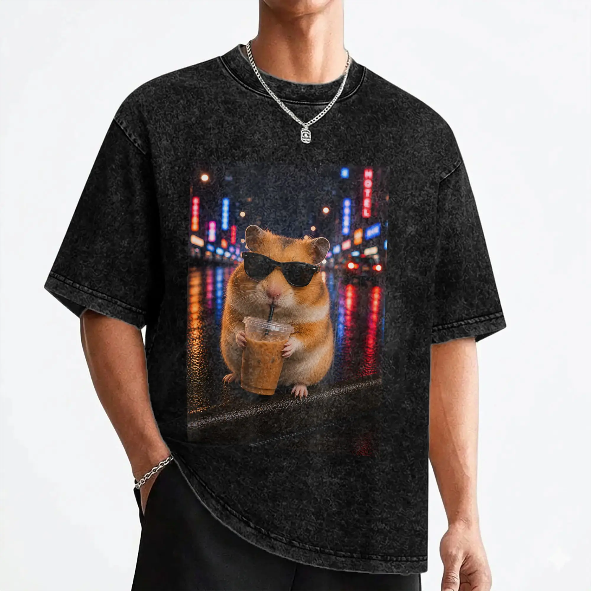 Funny Hamster Iced Coffee Funny Animal Meme T Shirts Washed 100% Cotton Oversize T-Shirt Men Women Streetwear Summer Tee Shirt