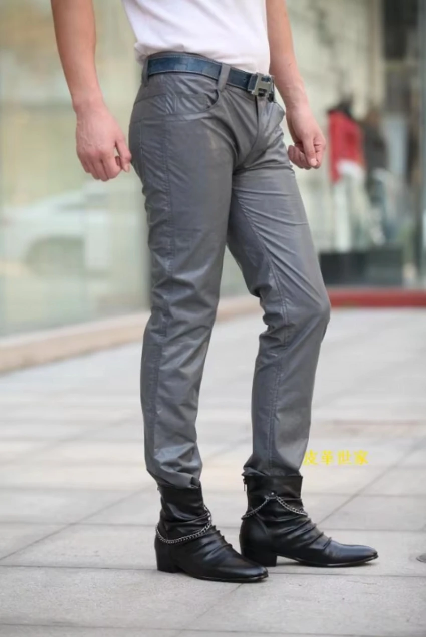 29-39 Men's New Casual Clothing Slim Smoky Grey Slim Motorcycle Leather Pants Plus Size PU Trousers Male Singer Costumes