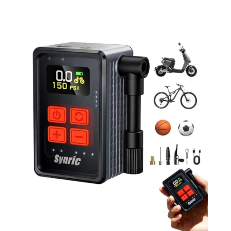 Mini Bomba de Aire para Bicicleta, Bomba de Inflado Rápido de 150 PSI con Manómetro, Parada Automática, Bomba de Aire Eléctrica Portátil con Válvulas Presta y Schrader