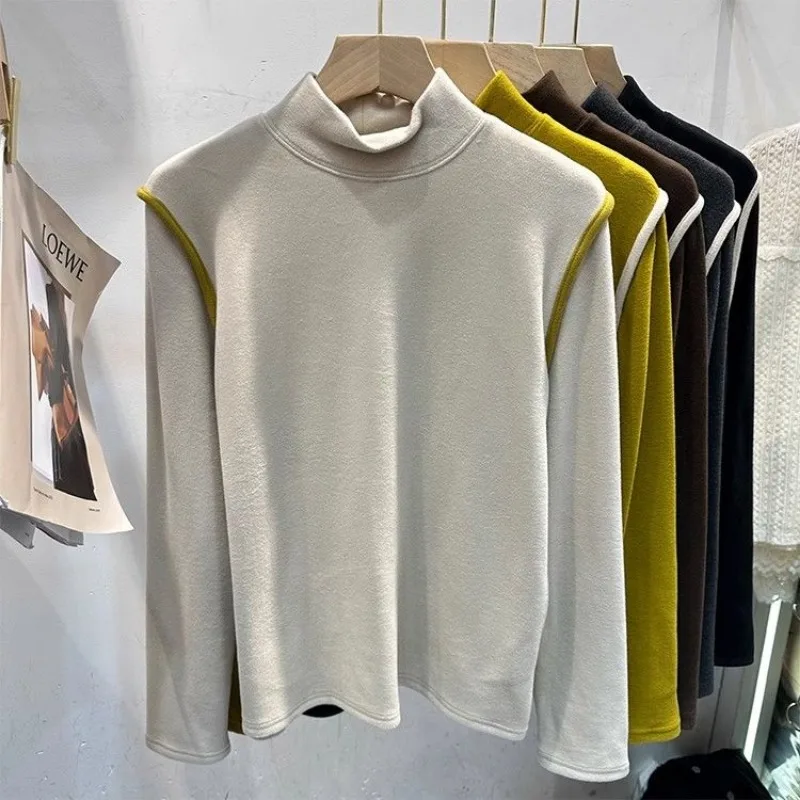 European Half Turtleneck Contrasting Color Brushed Double-sided German Velvet Bottoming Shirt for Women Winter New Slim Top