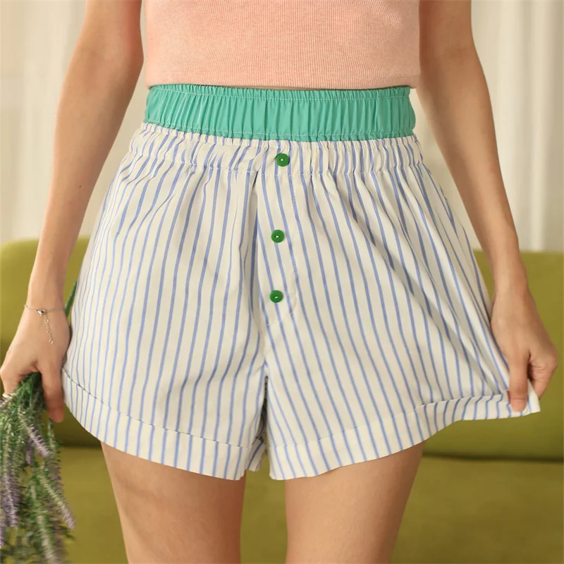 Hot Summer Y2k Striped Print Shorts Elastic Waist Shorts Casual Boxers Pants Shorts Boho Women Loose Botton Beachwear Shorts