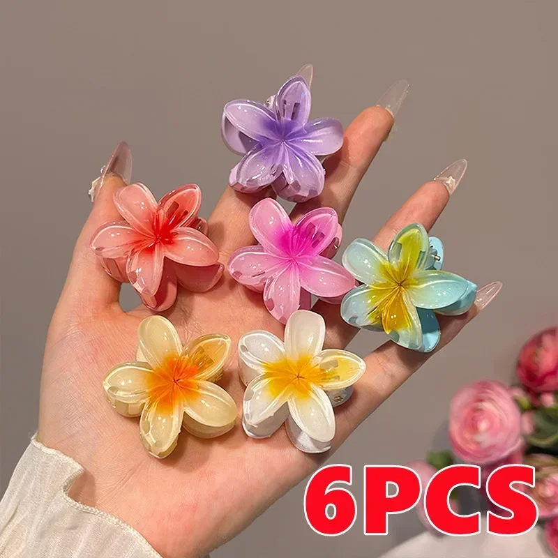 6Pcs Hawaiian Gradient Hair Clips Flower Hair Claws Small Size Fashion Headwear Hairpin Crab Barrette Hair Accessories for Women