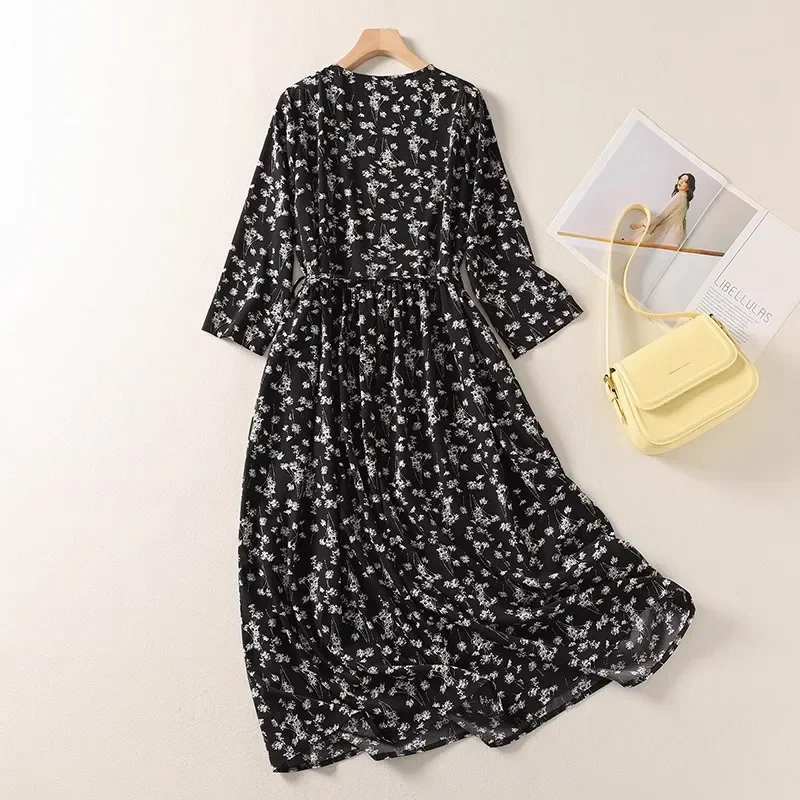 البوب الحد من العمر النساء فساتين متوسطة الطول صيف جديد أنيق موضة الأزهار طباعة ثنيات الشيفون فستان الحفلات للنساء Ropa Mujer #2