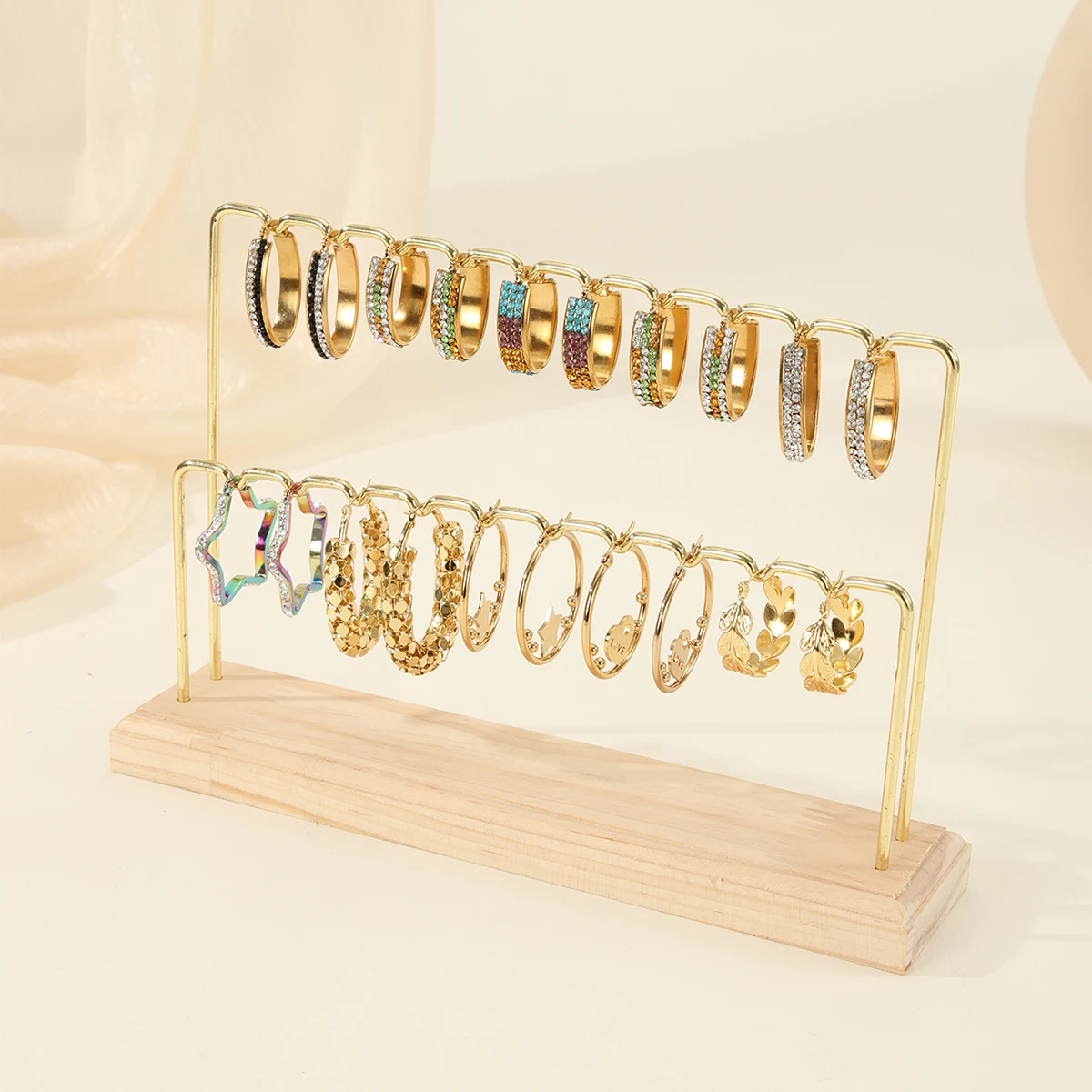

Wooden/Metal Gold Double-deck Earrings Ring Necklace Watch Jewelry Shelf Jewelry Stand Counter Pendant Jewelry Display Stand