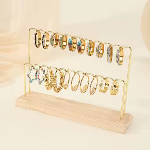 Wooden/Metal Gold Double-deck Earrings Ring Necklace Watch Jewelry Shelf Jewelry Stand Counter Pendant Jewelry Display Stand