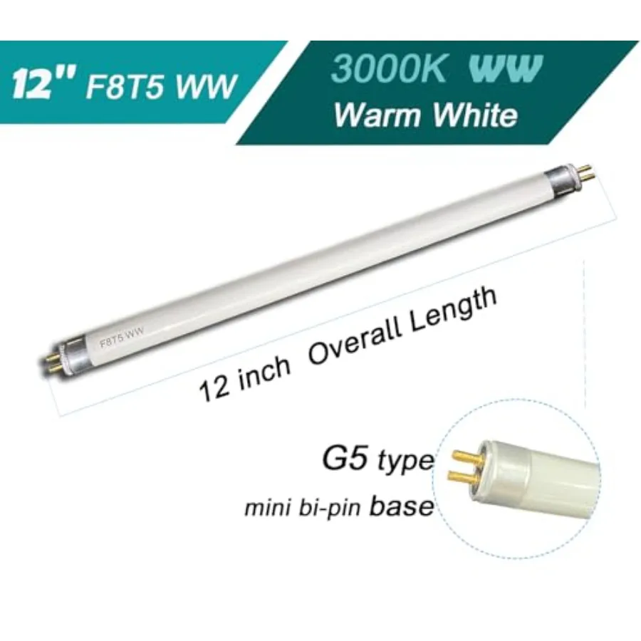 6 Pack F8T5/WW 12'' Linear Fluorescent Light Bulb, 8W Warm White T5 Tube, 3000K Soft White Lamp, G5 mini Bi Pins Base Replaceme