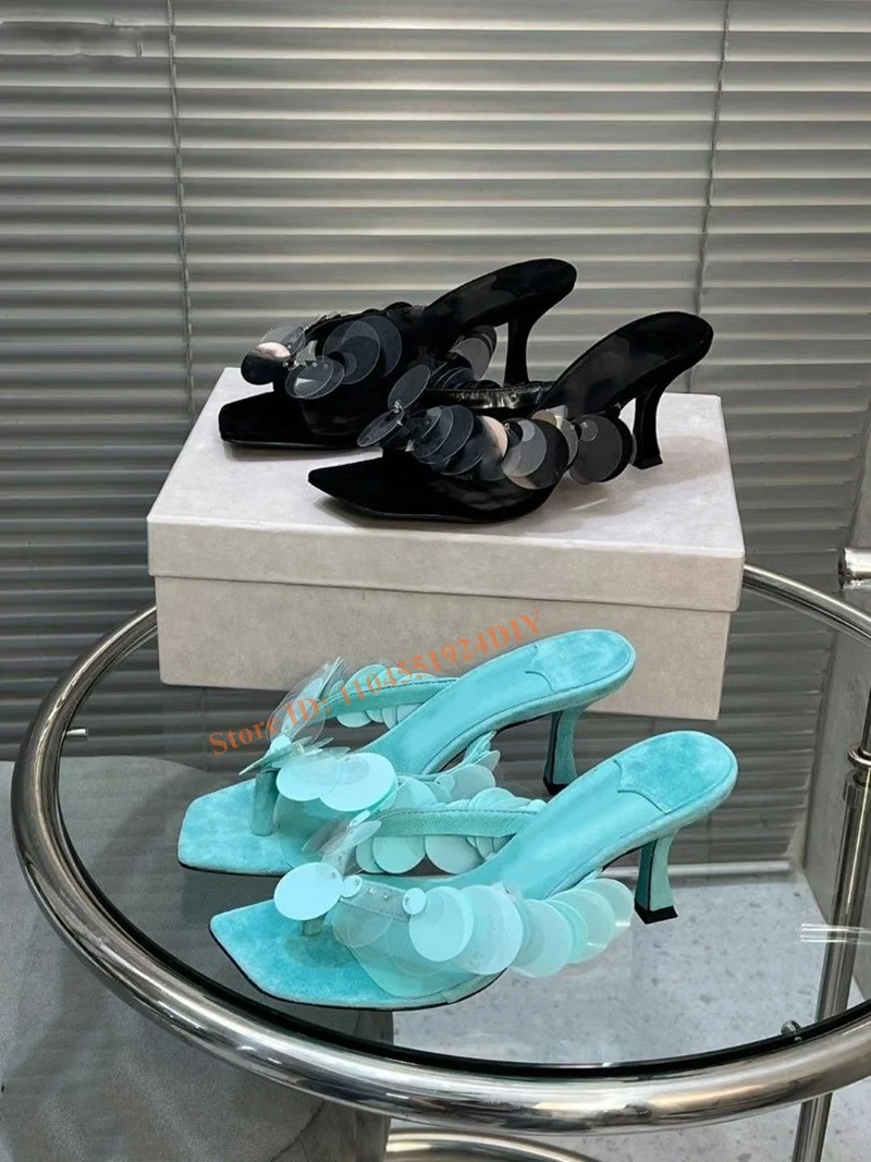 

Aqua Green Suede Leather Ladies Sandals with Paillettes On A 70Mm Heeled Women High Heel Summer Mule Shoes