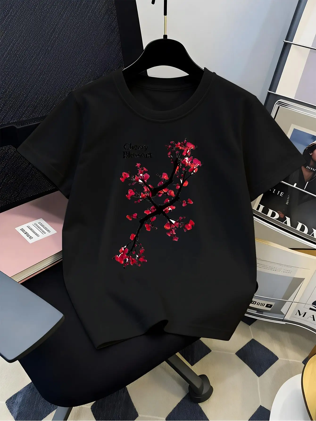 Elegant Red Cherry Blossom Branch Floral Minimalist Art Graphic Print Family Matching Short Sleeve Tee Boys Girls Kids Tops