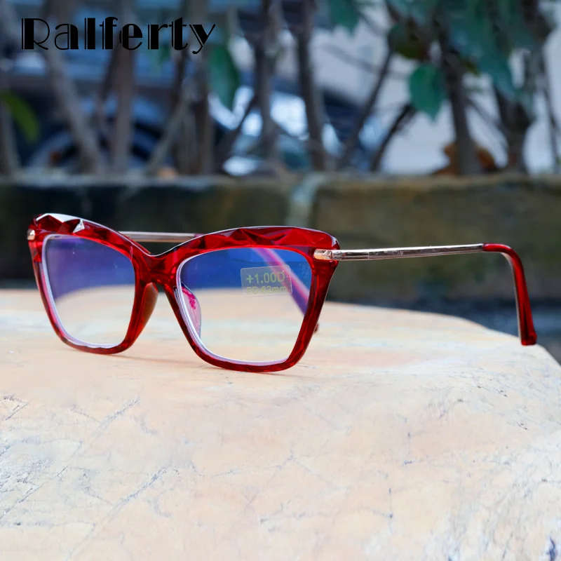 Ralferty 2025 Block Blue Light Reading Glasses Women Cat Eye Glasses Frame Clear Presbyopic Hyperopia Glases Grade +2.0 1.25 0