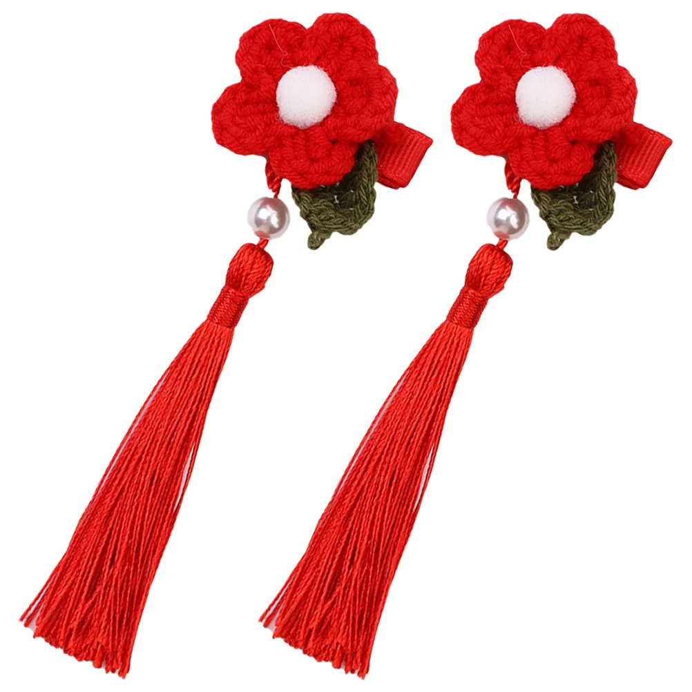 

1Pair Tassel Flowers Barrettes Chinese New Year Hair Clips for Traditional Style Adorable Accessory