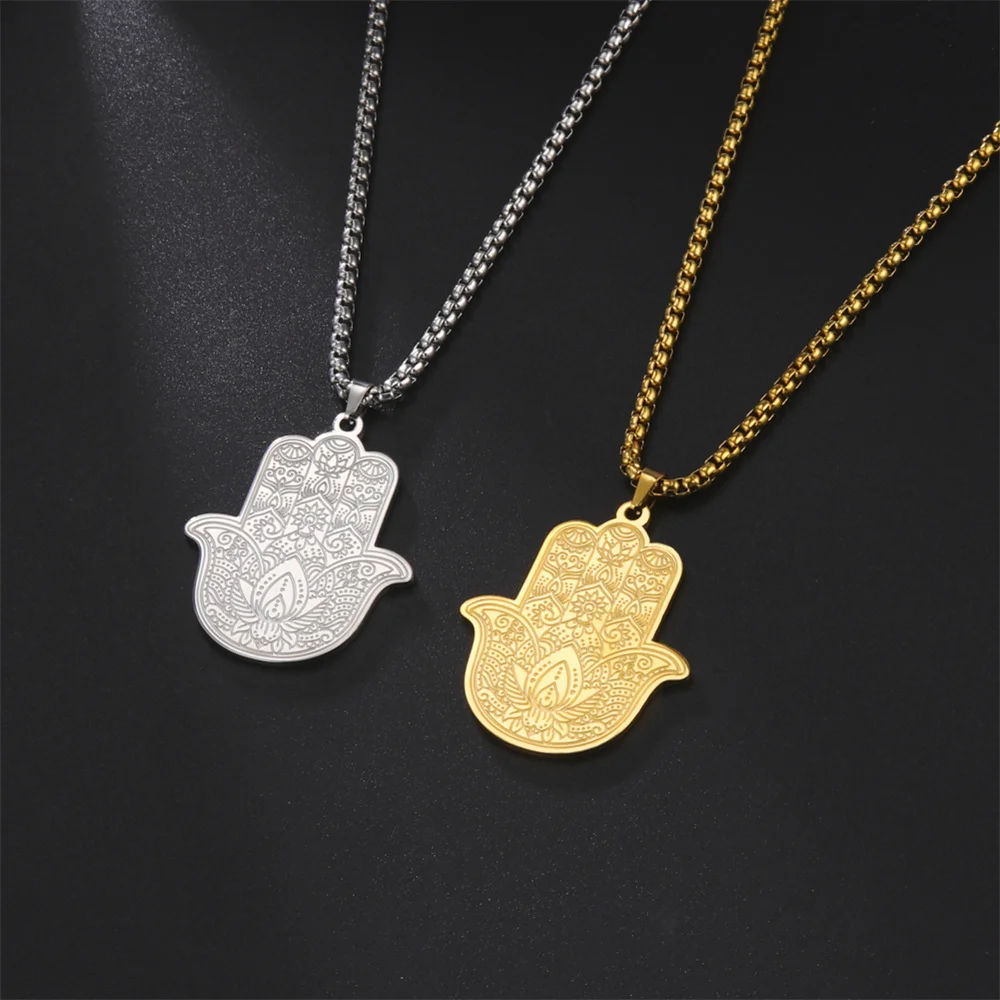 EUEAVAN Hamsa Hand Lotus Flower Pendant Necklace Stainless Steel Box Chain Fatima Yoga Hindu Necklaces Vintage Amulet Jewelry