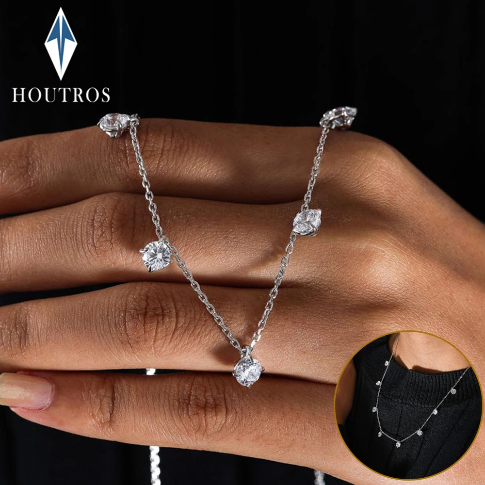 

8 Stone Round Cut Real Moissanite Necklace for Women Floating Tiny Diamonds Neck Chain S925 Silver 18K Gold Plated Jewelry Gift