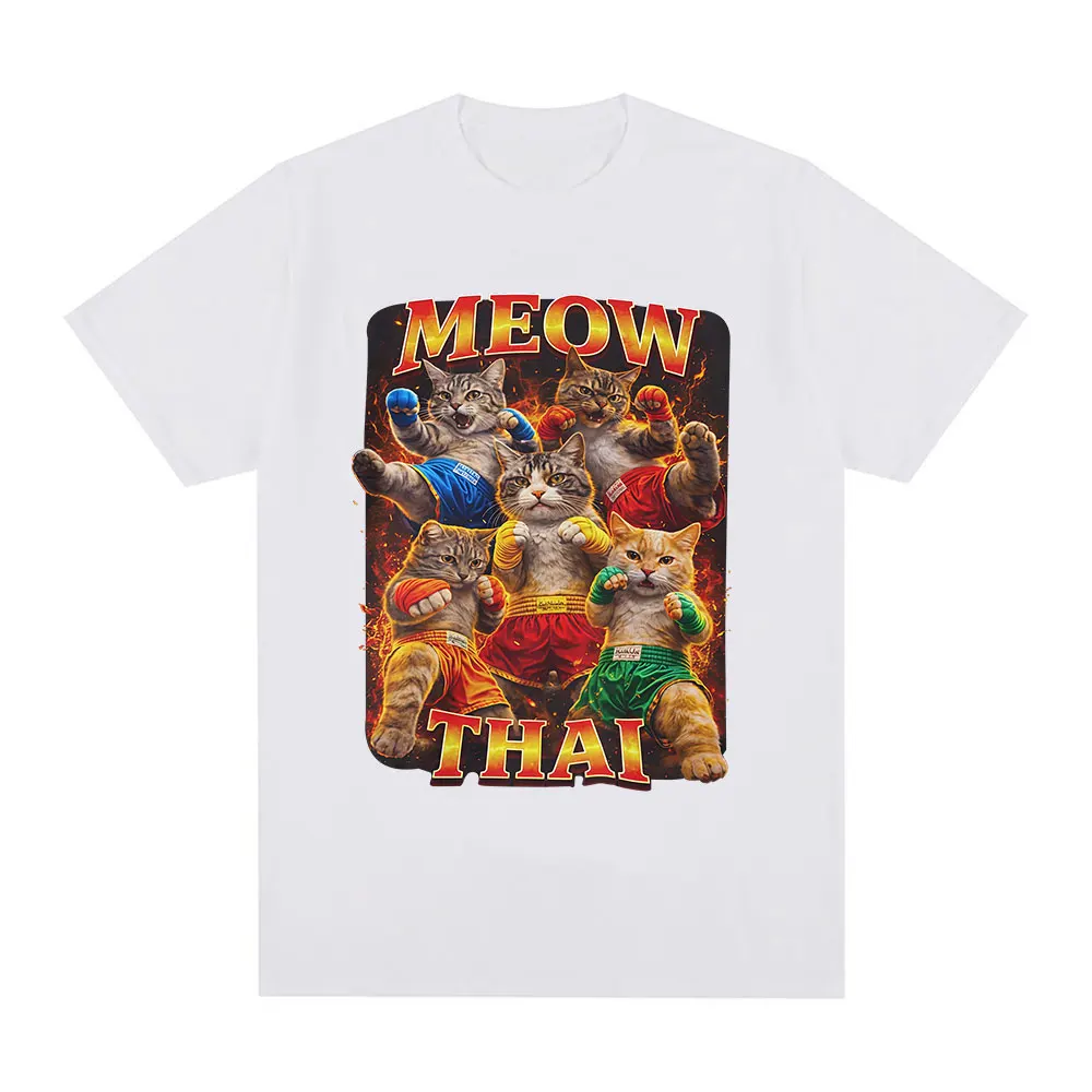 Meow Thai T-shirt Muay Thai Cat Meme Ironic Martial Arts Cat T-shirts Men's Women Clothing Fashion Short Sleeves T Shirts
