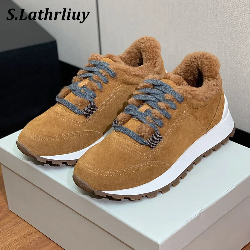 

Real Leather String Bead Flat Shoes Women's Round Toe Mixed Color Lace Up Sneakers Winter Thick Bottom Wool Lining Casual Shoes