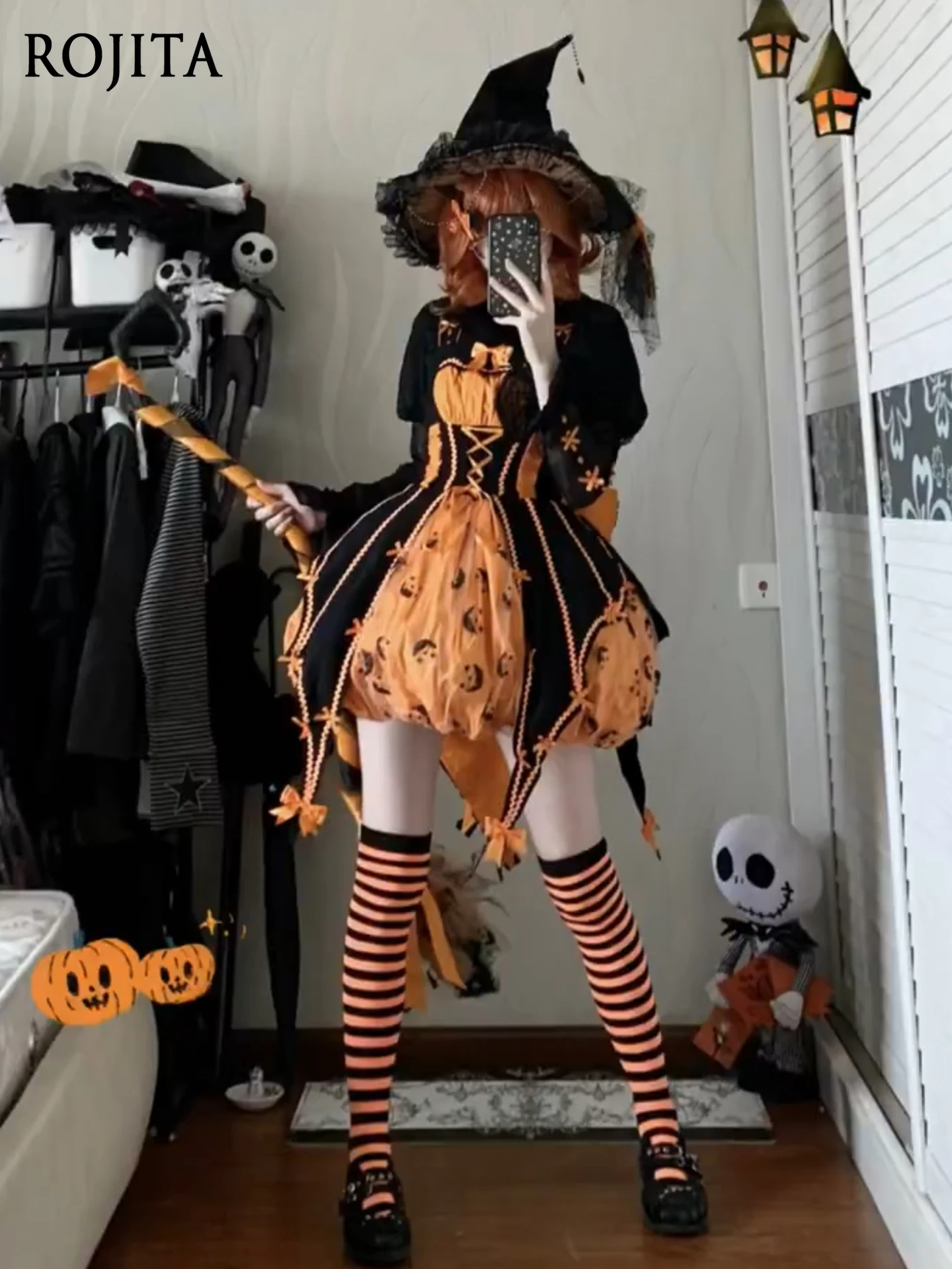 

Little Witch Pumpkin Color Lolita Dress for Women Halloween Dress Cosplay Costume Sweet Sleeveless Strap Dress Without Shirt