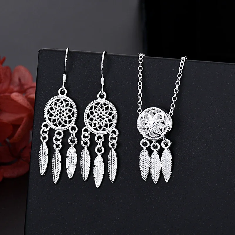 Original Designer-Schmuckset aus 925er Sterlingsilber, wunderschönes Traumfänger-Halsketten-Ohrringe-Armband-Set für Damen, modische Geschenke – Detail 4