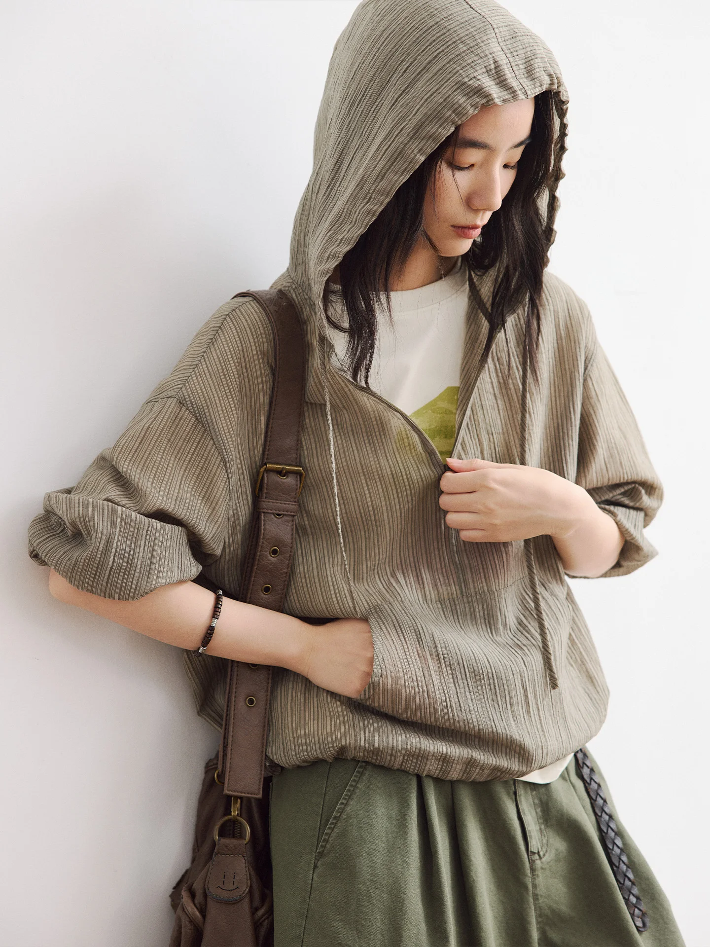 

Octopusme Summer 2026 Loose Fit Casual Style Hidden Zipper Hooded Shirt Vintage Wind Long Sleeve Women's Premium Fashion