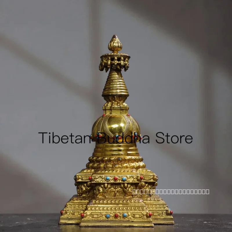 

20cm Nepalese Tibetan old yellow copper gilded gold inlaid with red and green gemstones pagoda pointed tripod Tibetan relics