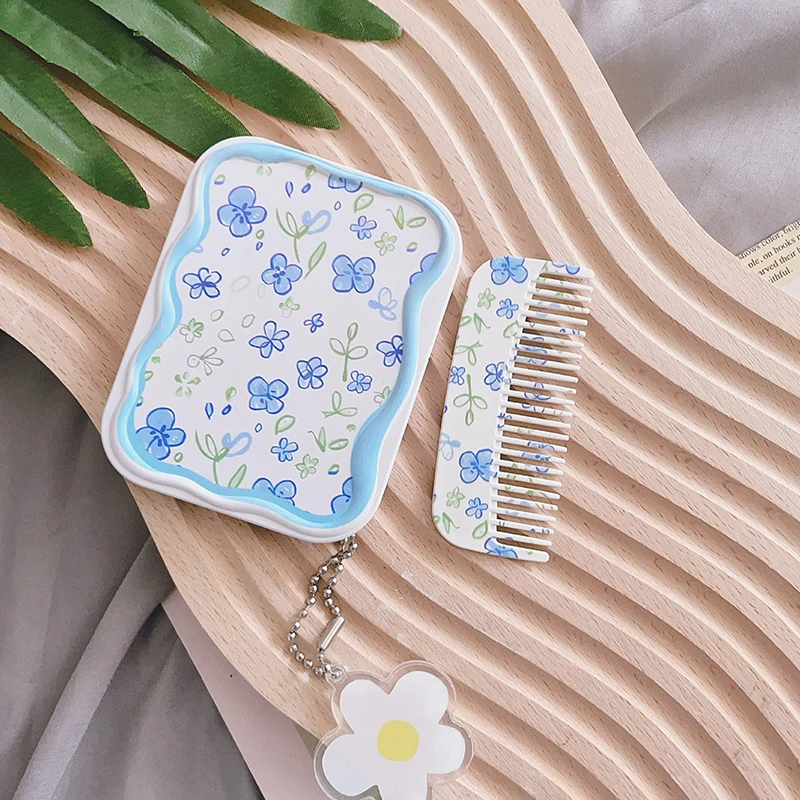 Blue Flower Flip-Top Folding Makeup Mirror Portable Pocket Mirror Women Rectangle Cosmetic Make Up Mirror With Comb