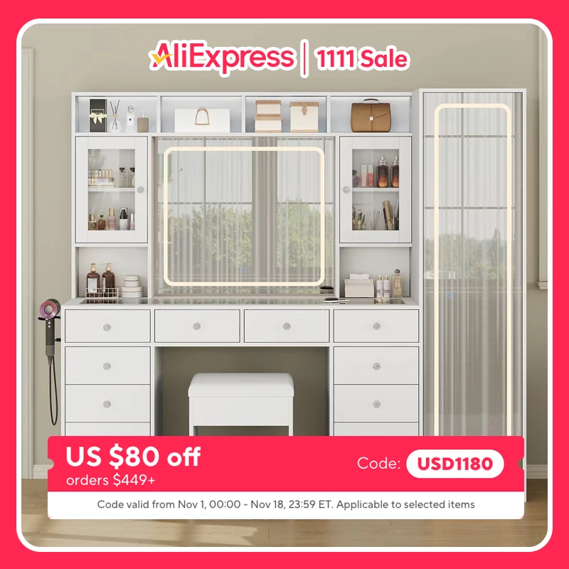 Makeup Vanity Table Set with Stool & LED Mirror, 3 Adjustable Brightness Lighting Settings, Multi-Drawer & Open Display Shelves, Shatter-Resistant Tempered Glass Top with USB Charging Port
