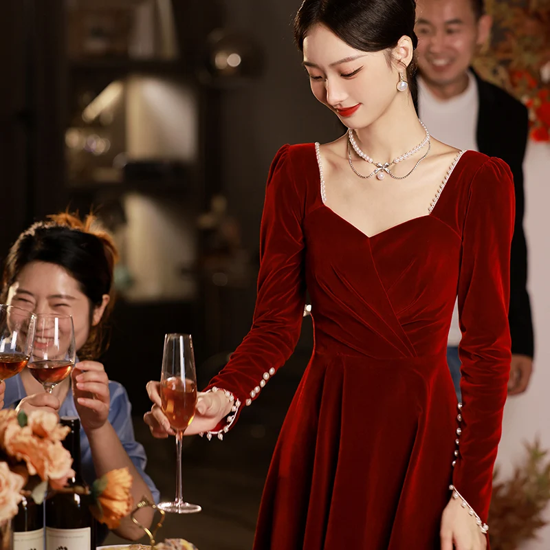 

Red Velvet Long Sve Wedding Dr Women's Engagement Return Home Dr Gown Floor-Length Evening Gown Pure Color Mid-Waist