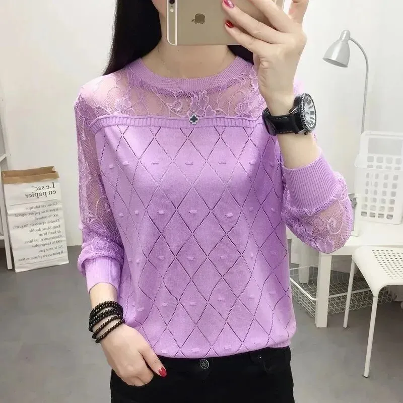 Spring/summer 2026new Knitwear Ladies Round Neck Lace Bottoming Shirt Ice Silk T-shirt Women's Long-sleeved Loose Coat Tops