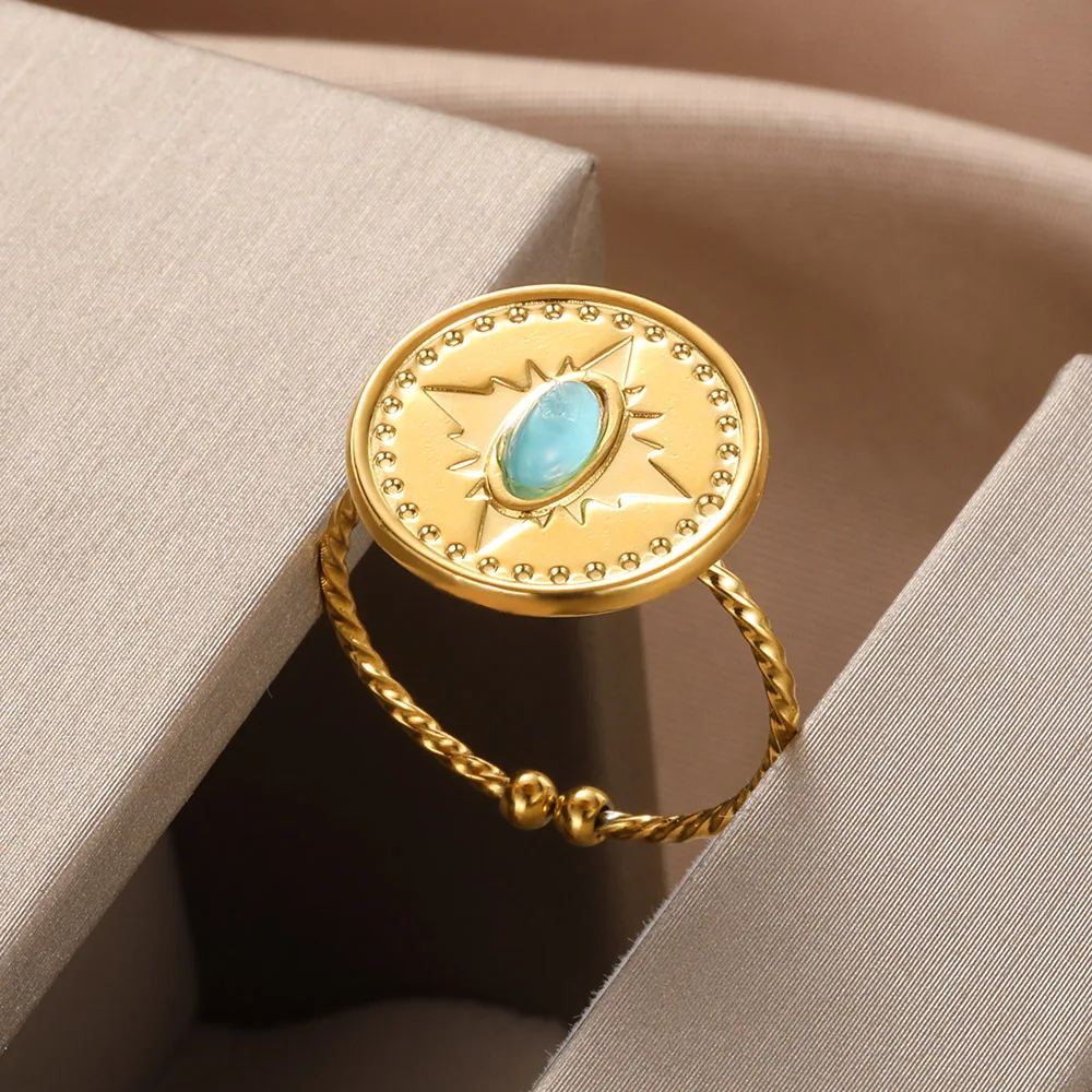 Adjustable Vintage Boho Blue Stone Stainless Steel Rings For Women Oval Fashion New Anillos Jewelry Wedding Gifts